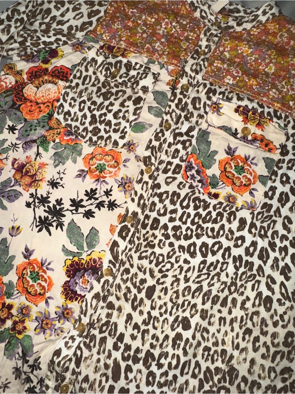 Anthropologie Pilcro Sz L Patchwork Button Up Blouse Floral Leopard Oversized - Picture 9 of 15